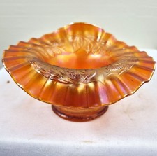 Vintage Marigold Carnival Glass Ruffled Pedestal Compote Blackberry Spray Fenton