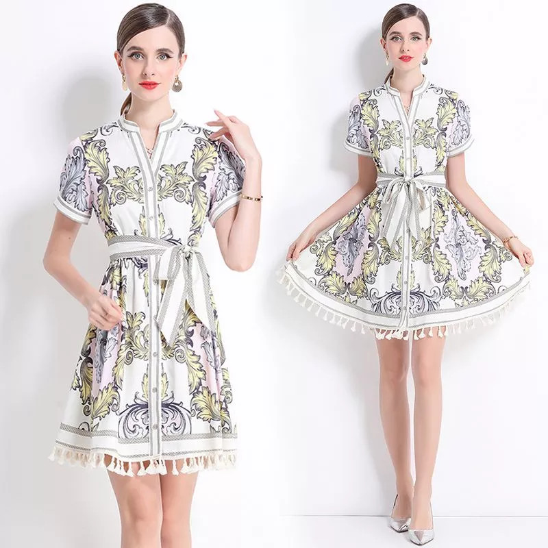 Vestido Corto Con Flecos Y Fantasía Barroca Rosa Y Amarillo, Cuello Slim CF47980