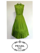 USED PRADA PLEATED SHIRT DRESS GREEN SIZE 40 GOOD