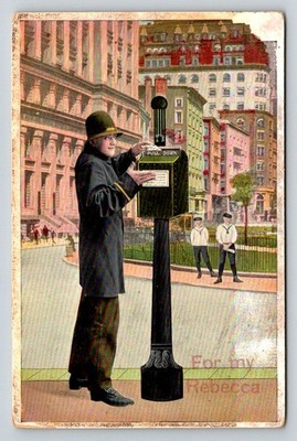 1905 Fire Alarm Box Policeman City Street Scene Postcard F.E.L. Germany