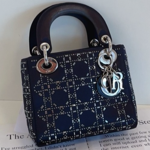 Dior Lady Silk Handbag Black Silver Rhinestone 2-Way Crossbody Bag