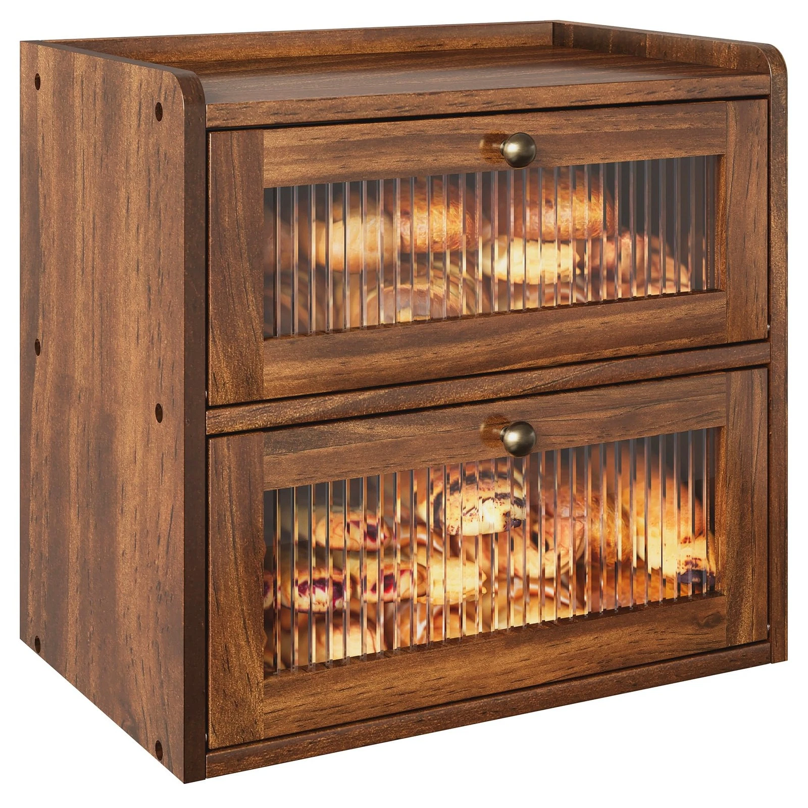 Double Layer Large Bread Box for Kitchen Counter, Wooden Corner Bread Storage...
