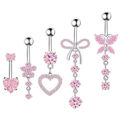 Belly Button Ring Dangle Navel Belly Piercing Jewelry Cute Pink CZ Heart Butterf