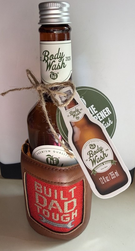 hi Bourbon Woods Body Wash Gift Set Novelty Bottle w/ Opener, Dad Tough Sleeve