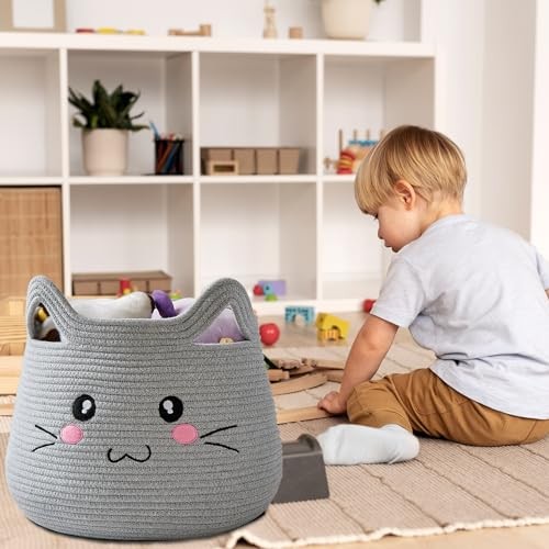  Animal Cat Basket, Cute Cotton Rope Woven Large Grey 2 Grey Cat Open Eyes