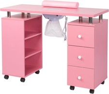 Pink Manicure Table with Built-in Dust Collector, Lockable Wheels Drawers