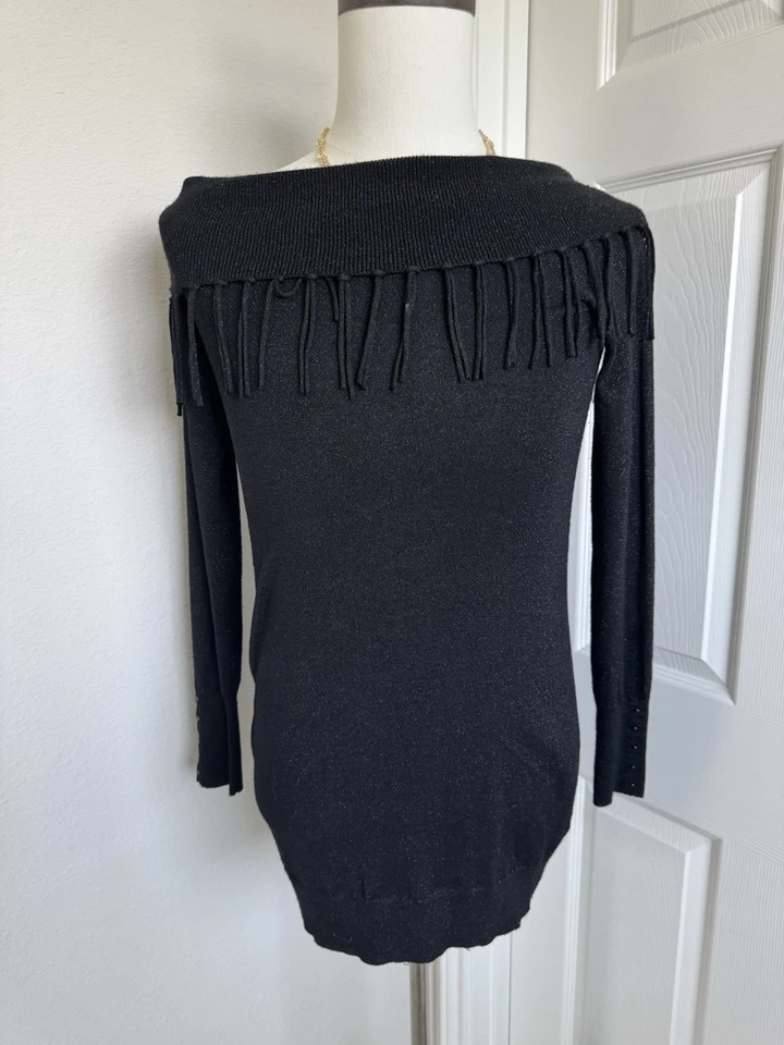 White House Black Market Womens XS Black Sleeve Sweater Top Cowl Neck Fringe Y2K - Image 3 of 4
