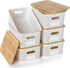 Stackable White Plastic Storage Bins with Bamboo Lids - 6 Pack, 10.2x7.2x4.1