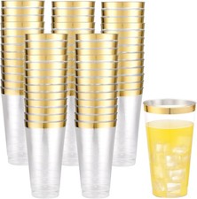 LIYH 100 Pcs Gold Plastic Cups - 16 oz Clear and Gold Rim Plastic Wine Cups, Big