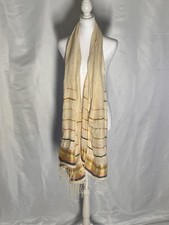 Boho Lightweight Linen blend Scarf Wrap Fringe Cream Striped Shawl Layering