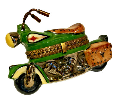 LIMOGES France PEINT MAIN Trinket Box-VTG MOTORCYCLE-SIGNED GR-GERARD RIBIERRE