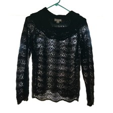 ANN TAYLOR LOFT Black Wool Blend Sweater Sz MED Loose Weave Dressy Cowl Neck