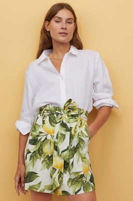 H&M BINDEGÜRTEL SHORTS GRÜN GELB ZITRONENFRÜCHTE TROPISCH HOHER BUND TAILLIERT 10 6 38