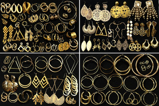 93 Pairs Vintage Mod Gold Tone Pierced Earrings Lot Bulk Jewelry #62
