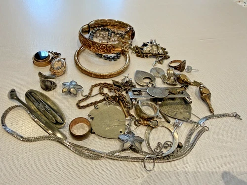 Vintage Costume Jewelry Lot - Gold Tone Bangles, Locket, Boho Rings & Charms