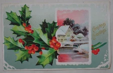 1912 Christmas Greetings Postcard Holly House HR Jacobs Scotch Grove IA