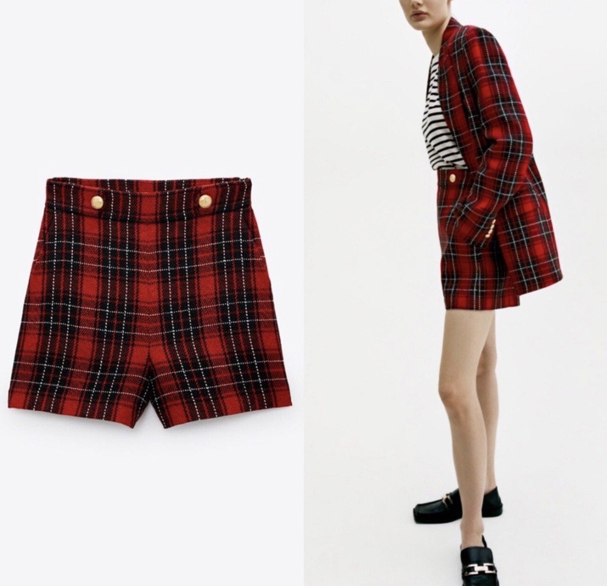 Zara Red Plaid Textured Tweed Shorts With Gold Buttons High