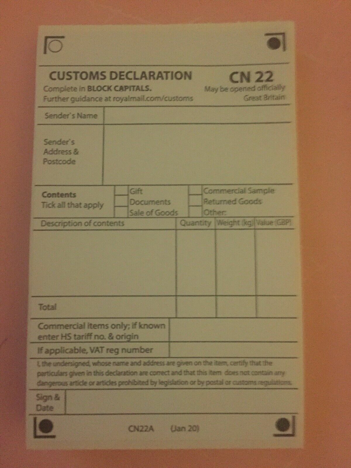Self Adhesive Customs Declaration CN22 25/50/100/150/200/250 with S10