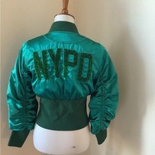 Aviva On Earth Women’s Jacket Size 34 Green Satin Feel Bomber Nypd Zip Up