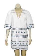 Boteh Embroidered Mini Dress M 2 Women Casual V-Neck White Boho Short NEW 41195
