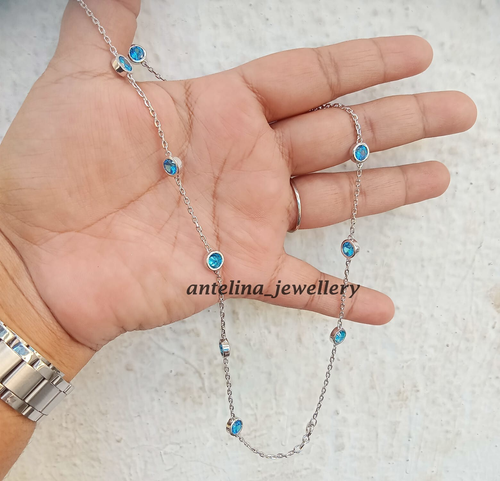 4CT Round Blue Topaz Bezel Set Women's Station Necklace in 14k White Gold Plated - Picture 4 of 6