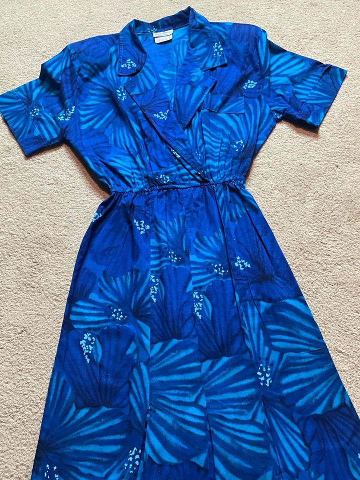 Maxi vestido camisero envolvente floral hawaiano almohadillas de hombro vintage años 80 Joni Blair EE. UU. M Foto 3 de 4