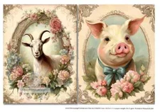 Framed Goat & Pig | A4 8.3" x 11.7" Rice Paper for Decoupage | Decoupage Central