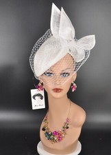 Sinamay Fascinator Hat with Netting and Sculpted Bow Derby Party Hat White