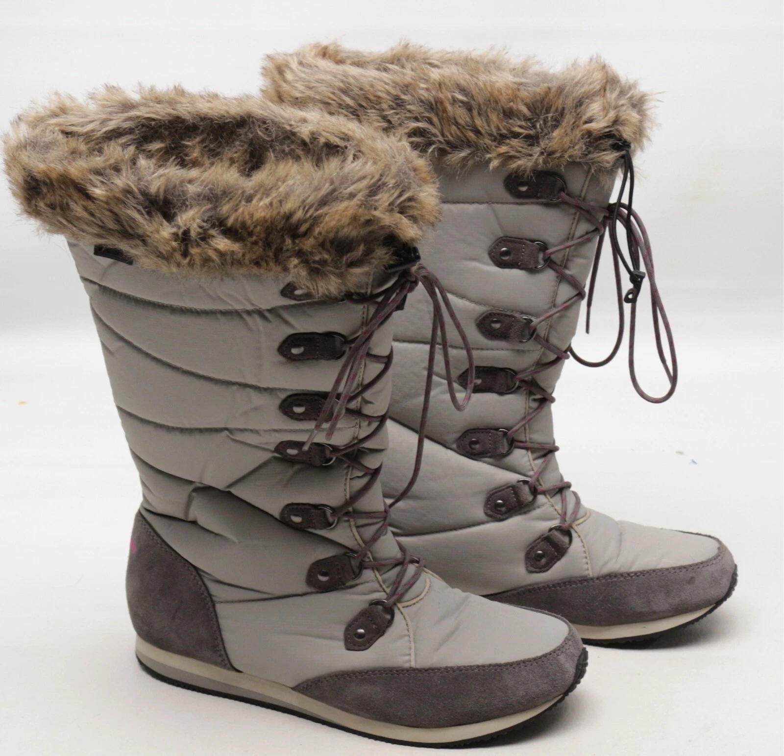 LL Bean Carrabassett Snow Boots Womens 9.5 M Gray Lace Up Faux Fur Trim Winter