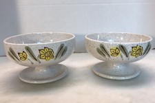 Set Of 2 MCM Vintage Dessert Bowls Ivory Speckles Pedestals Yellow Green Floral