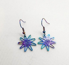 RAINBOW TITANIUM WAVY SUNBURST HOOK EARRINGS 4CM DROP E236