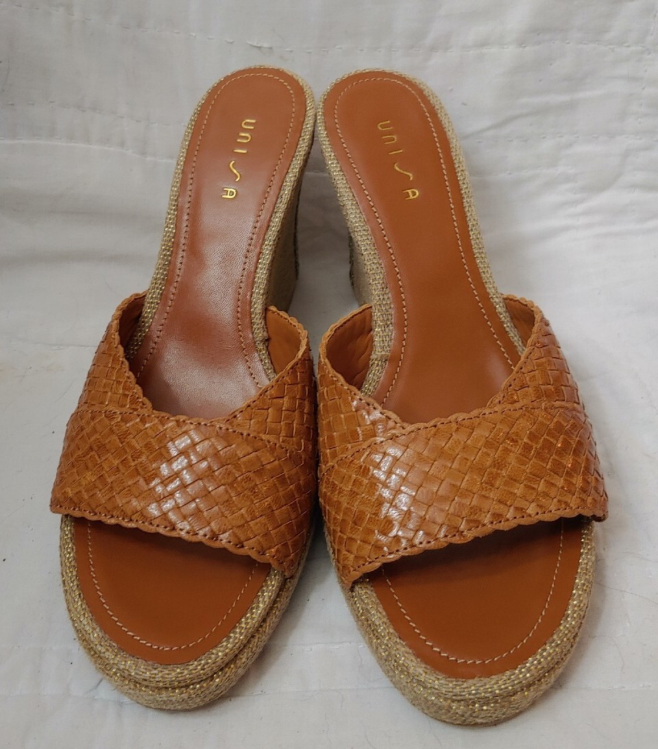 Unisa Tan Woven Braided Leather Strap Embroidered Jute Wedge