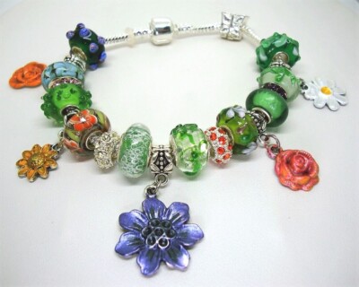 Late Bloomers European hand painted flower charms bracelet beads crystal spacers