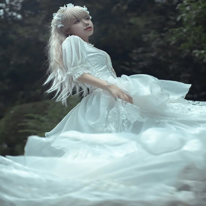 White Lace Gothic Wedding Dress Medieval Victorian Tiered Ruffles Bride  Women | eBay