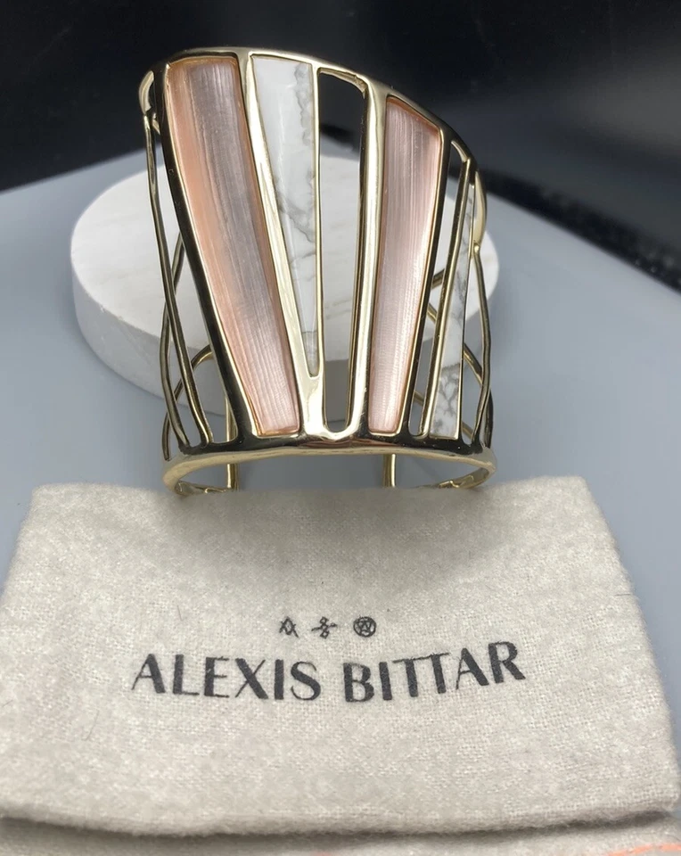 Alexis Bittar Pink Lucite & Marble Glass Asymmetrical Openwork Gold Cuff SMALL