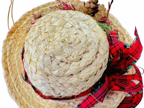 Vintage Pioneer Prairie Straw Hat Red Plaid Ribbon Pinecones Christmas Ornament - Picture 9 of 10