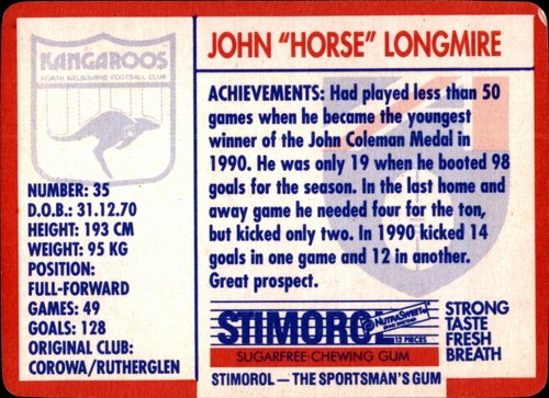 Signed 1991 North Melbourne Kangaroos AFL Stimorol Rookie Card - John Longmire - Picture 2 of 3