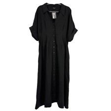 MADEWELL Pleated Midi Shirtdress L Black 100% Linen Short Sleeve A-Line NWT B48
