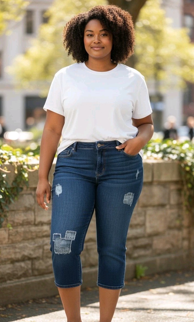 Lane Bryant Patchwork Distressed Denim Capris - S… - image 1