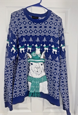 Blizzard Bay Ugly Christmas Sweater XL Blue Llama Alpaca Pom Pom Holiday