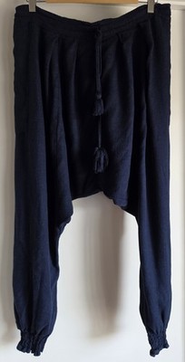 AndAndrea Women Harem Pants Size 33W 26L Blue Linen Rayon Mix