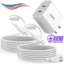 PD 40W Dual USB-C Fast Wall Charger Type-C Cable For iPhone 14 13 12 11 XR SE 8