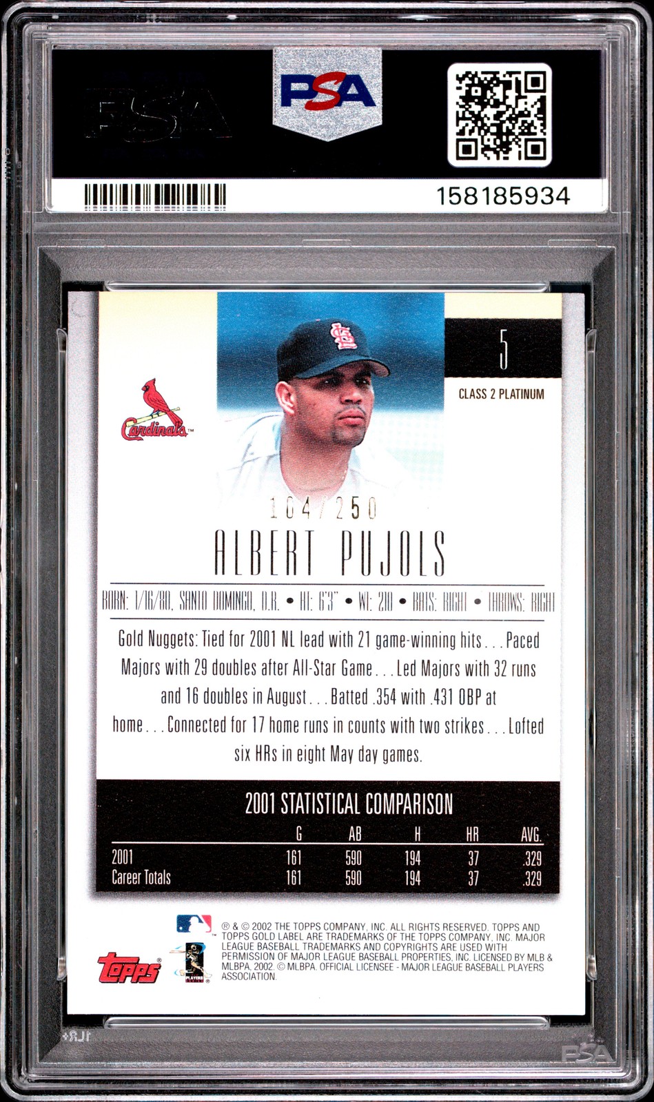 2002 Topps Gold Label Class 2 #5 Albert Pujols Class 2-Platinum PSA 9 view 2