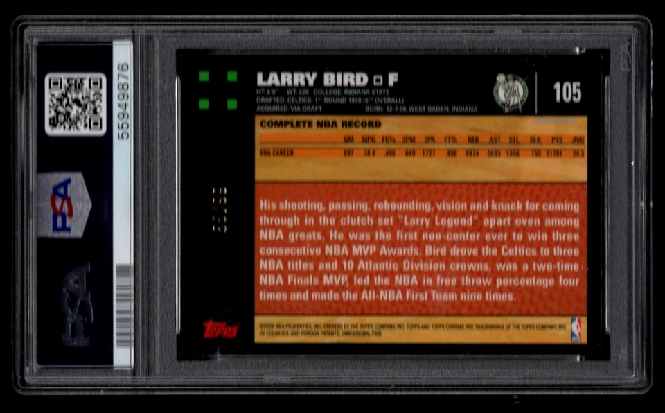 LARRY BIRD 2007 TOPPS CHROME WHITE REFRACTOR 55/99 BASKETBALL CARD #105 PSA 9 - Image 2 of 2