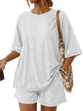 Women's 2 Piece Summer Matching Set Lounge Wear with Pockets Oatmeal Grey Small