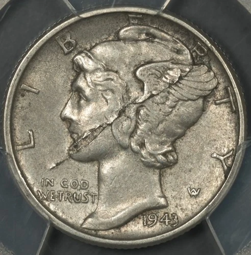 1943 PCGS AU50 MERCURY DIME ERROR OBVERSE LAMINATION THROUGH BUST