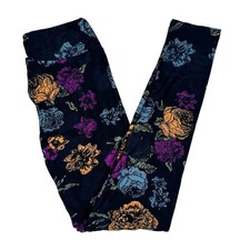 LuLaRoe Black Purple Blue Yellow Floral Hidden Roses Flower Leggings One Size OS