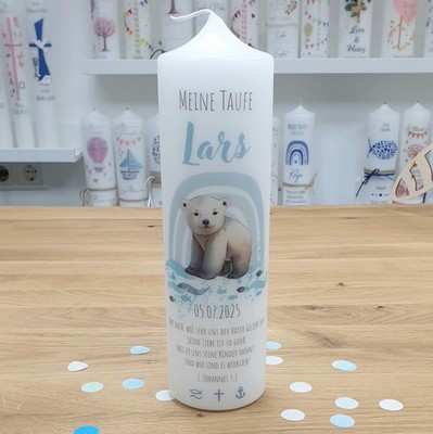 meinkerzenshop  Taufkerze mit Designdruck EISBAR für Junge und Mädchen