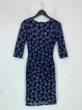 Phase Eight Navy Floral Lace Dress Bodycon 3/4 Sleeve Lined Zip Back UK 8
