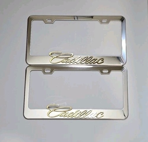 2 pcs Silver License Plate Frame for 3D Gold Cadillac Logo - Picture 2 of 4